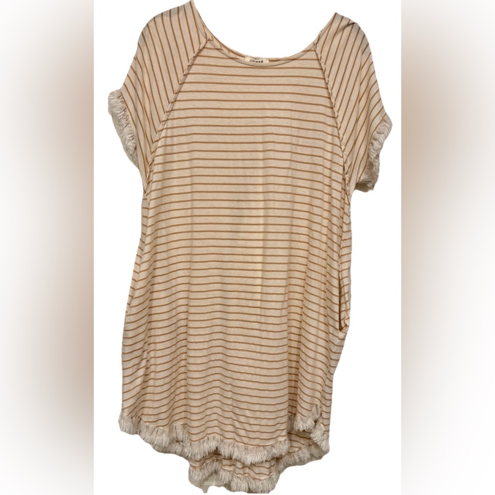 Umgee Striped White and Tan Dress with Fringe Linen Cotton Pockets Size Large